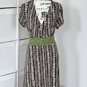 Apt. 9 Midi Dress Women's XL Brown Wht Print Stretch V-Neck Tie Back